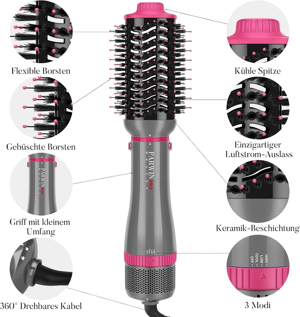 4 IN 1 Haartrockner Warmluftbürste Set, PARWIN PRO BEAUTY Styler-Set, Föhnbürste Lockenbürste mit 4 Aufsätze zum Trocknen, Glätten, Volumen und Stylen, Ionen Pflege, Geschenke machen(Grau)
